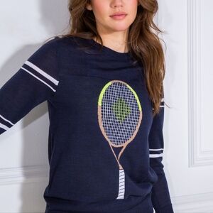 L'etoile Sport Navy Blue Stripe 100% Merino Wool Crewneck Tennis Racquet Sweater